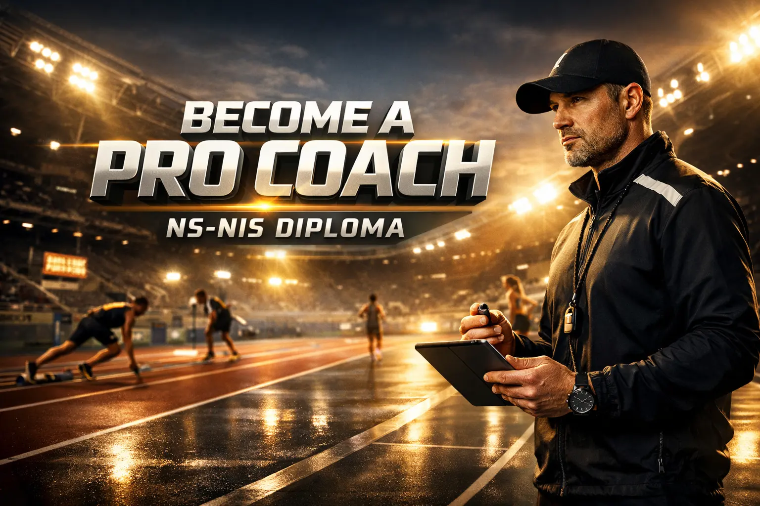 Professional sports coach standing in a modern athletic stadium, SAI Assistant Coach recruitment concept.