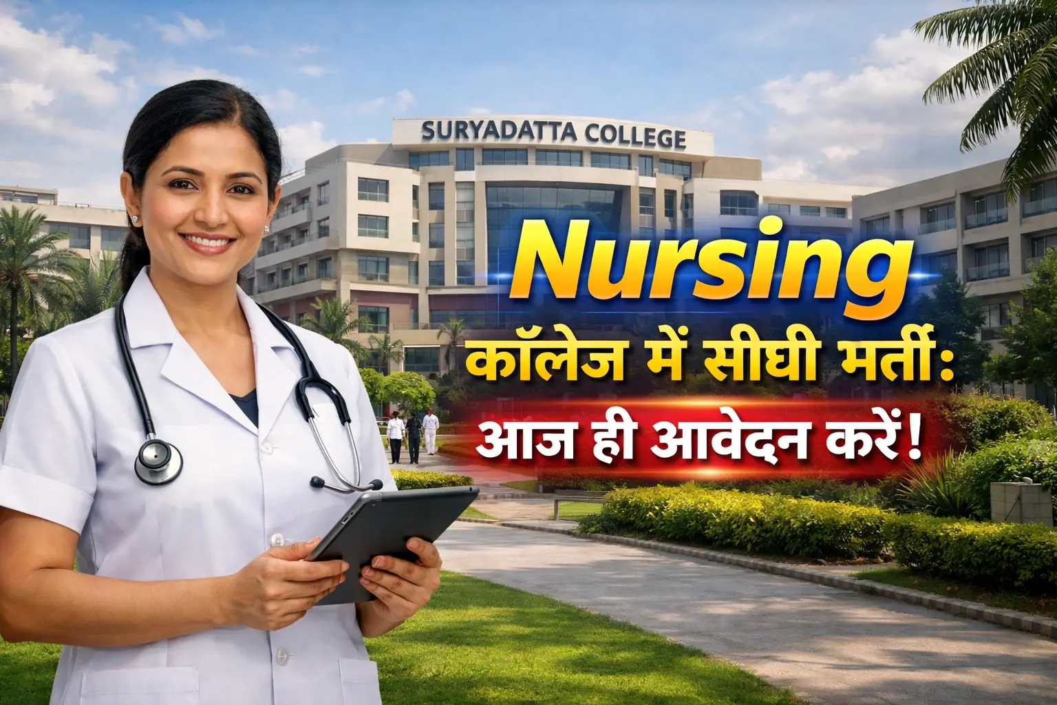 Suryadatta College of Nursing Pune Recruitment 2026 showing a professional nurse educator in front of the college building.