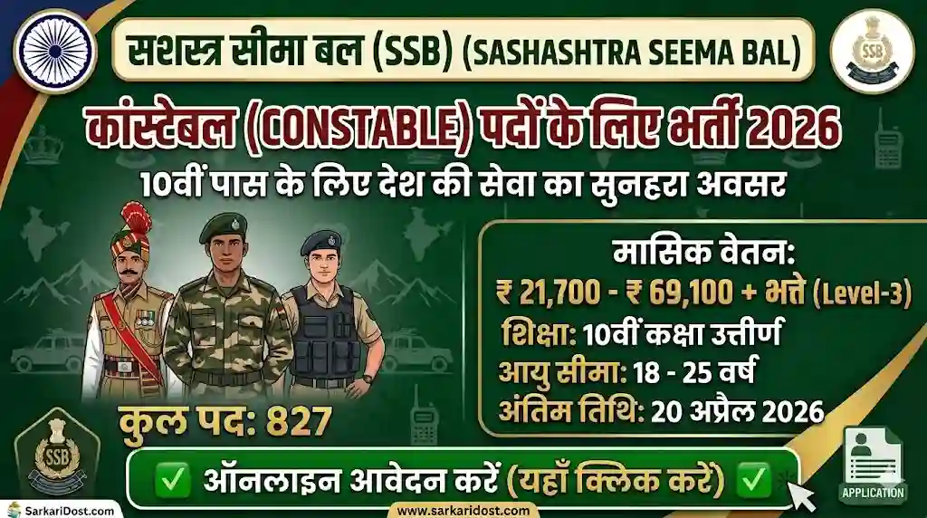 Sashastra Seema Bal SSB Constable Recruitment 2026 notification for 827 posts, 10th pass job opportunity.