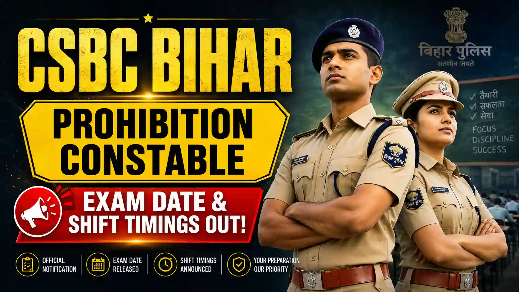 CSBC Bihar Prohibition Constable Exam Date 2026 Schedule and Shift Timings Notification Banner