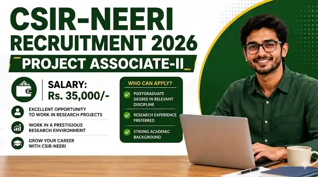 CSIR-NEERI Project Associate-II Recruitment 2026 notification banner featuring salary details and eligibility criteria.