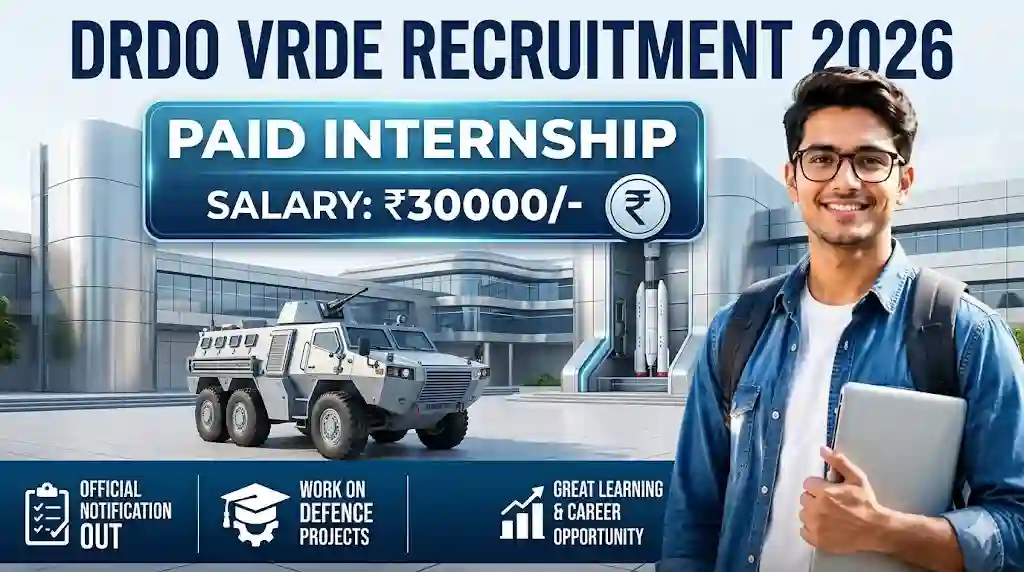 DRDO VRDE Recruitment 2026 Paid Internship banner featuring an engineering student holding a laptop with a defense vehicle background.