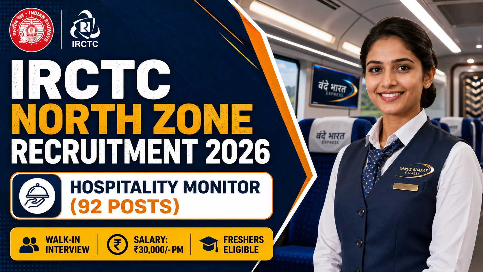 IRCTC North Zone Hospitality Monitor Recruitment 2026 Notification Banner for 92 vacancies with walk in interview dates.