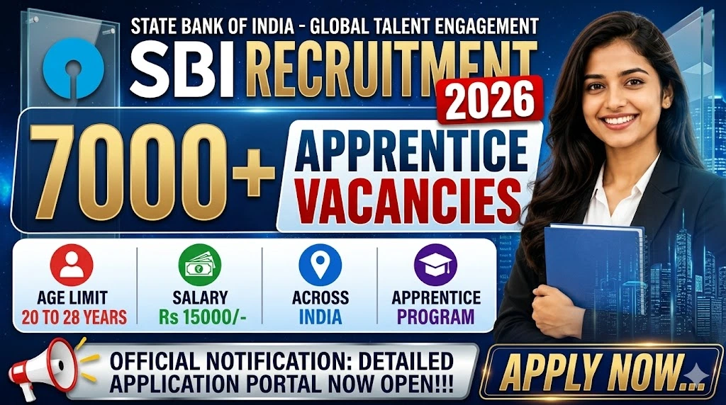SBI Apprentice Recruitment 2026 notification banner showing 7000 plus vacancies across India for graduate candidates with eligibility details.