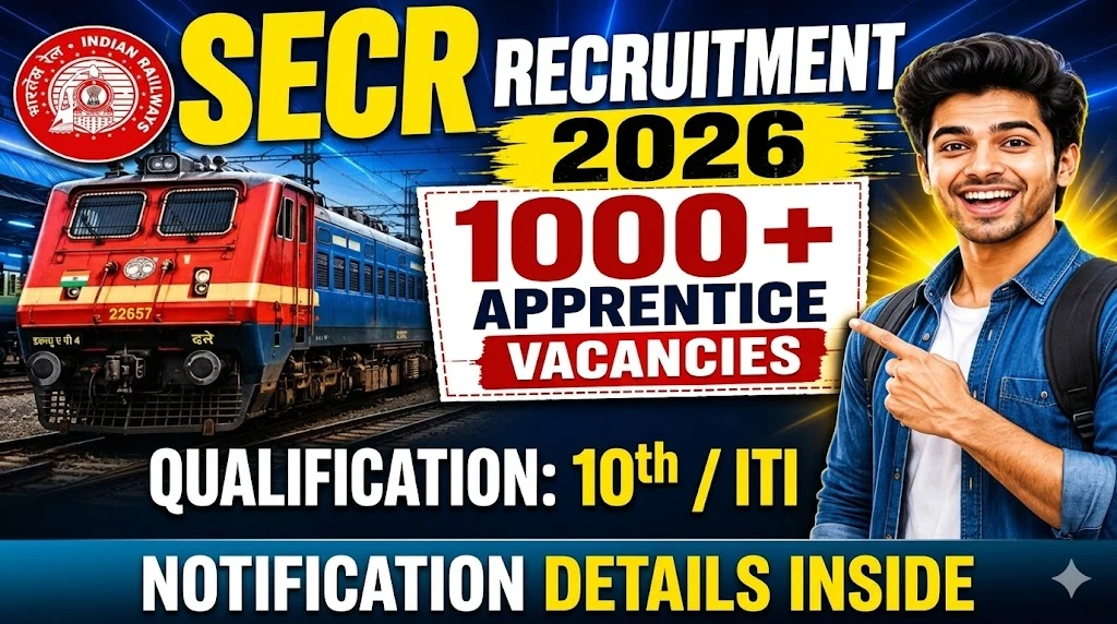 SECR Nagpur Railway Apprentice Recruitment 2026 banner highlighting 1000 plus vacancies for 10th and ITI pass candidates with an Indian Railways red locomotive train and a smiling young applicant.