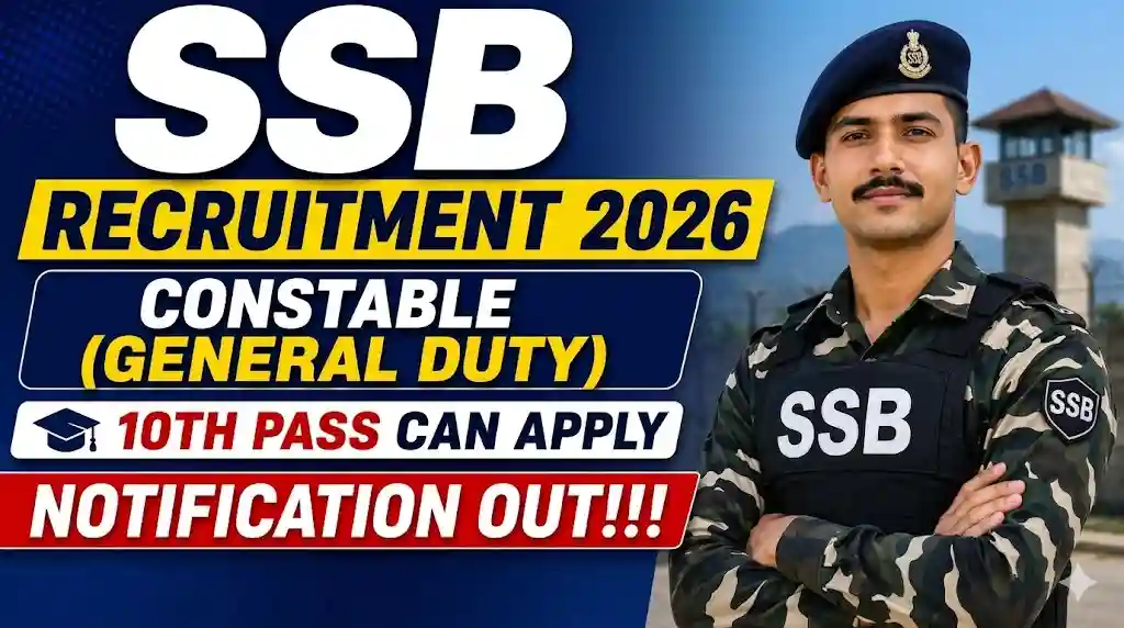 SSB Constable General Duty Recruitment 2026 official notification banner highlighting 10th pass eligibility with an Indian security force soldier in uniform.