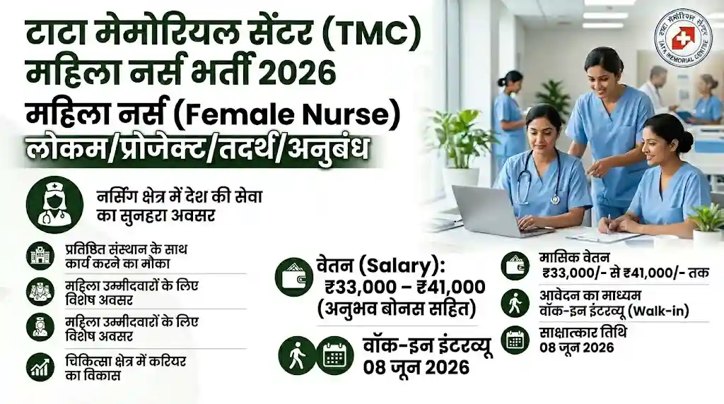 टाटा मेमोरियल सेंटर (TMC) महिला नर्स भर्ती 2026 वॉक-इन इंटरव्यू जॉब पोस्टर जिसमें वेतन, योग्यता और तिथि की जानकारी दी गई है।