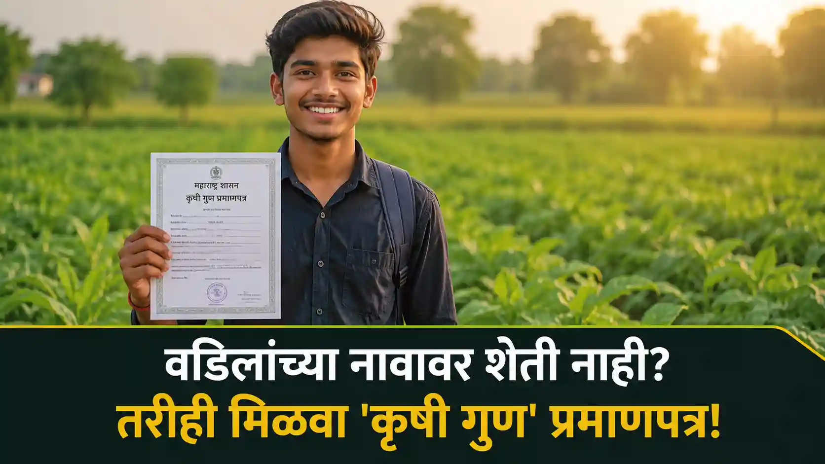 Student holding agriculture quota certificate in a lush green farm in Maharashtra, representing Proforma AG process.