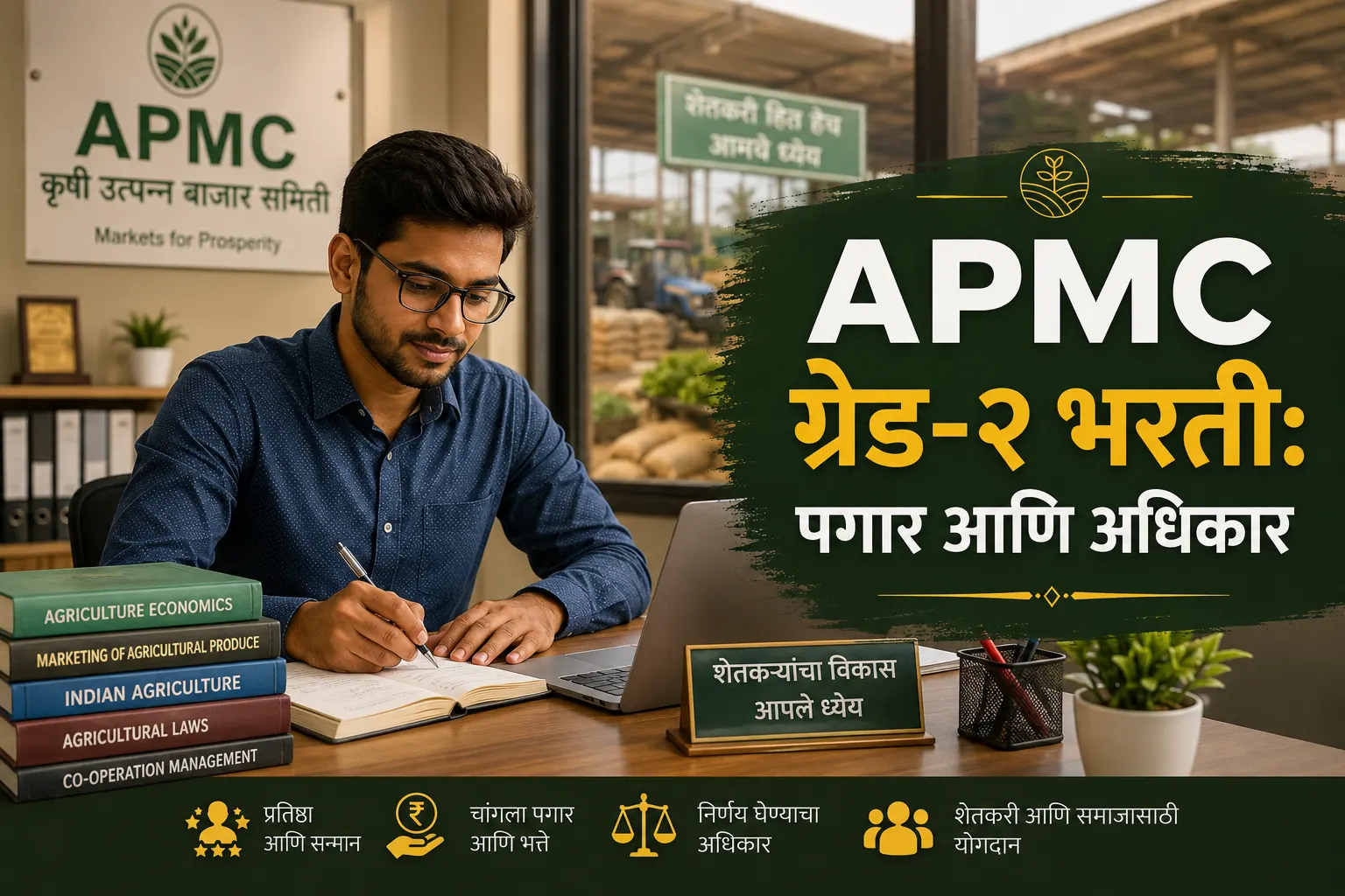 तरूण उमेदवार APMC ग्रेड-२ भरती परीक्षेची तयारी करत आहे, महाराष्ट्र सरकारी कृषी बाजार समिती नोकरी मार्गदर्शक.