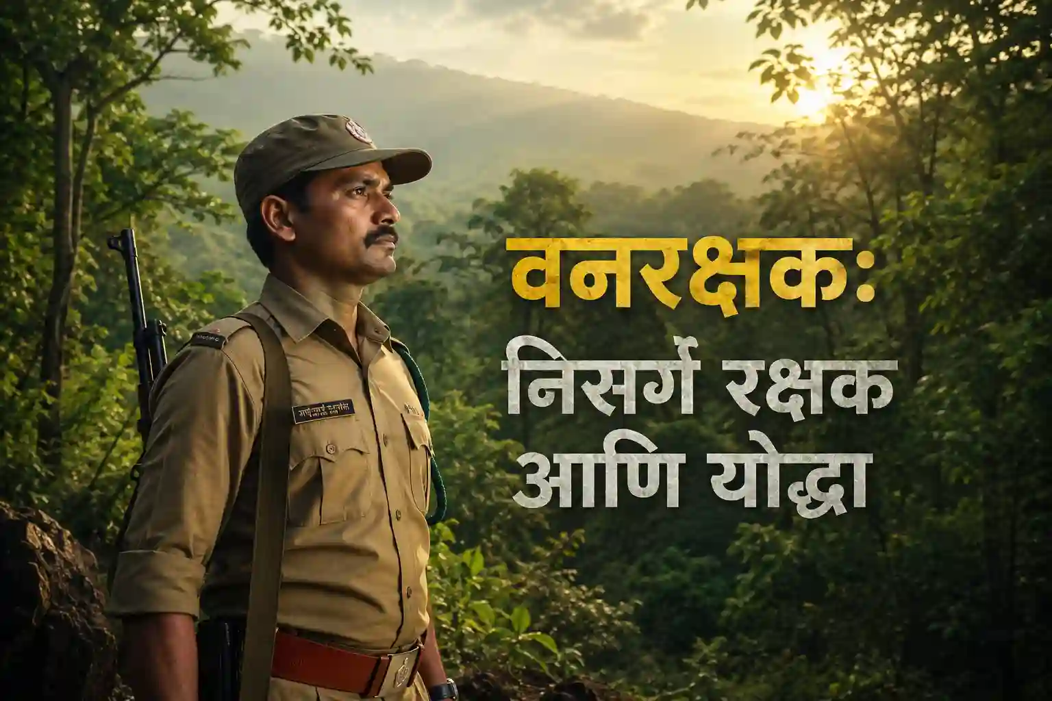 Indian Forest Guard in uniform standing in a forest, symbol of safety and duty in Maharashtra government services.