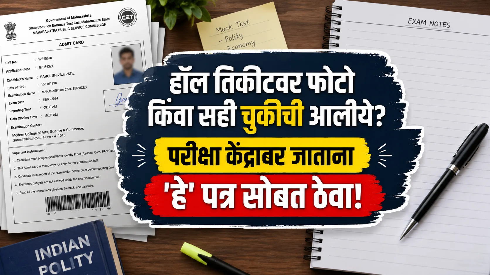 हॉल तिकीटवरील चुकीचा फोटो आणि सही दुरुस्त करण्यासाठी परीक्षा केंद्रावर न्यायचे घोषणापत्र.