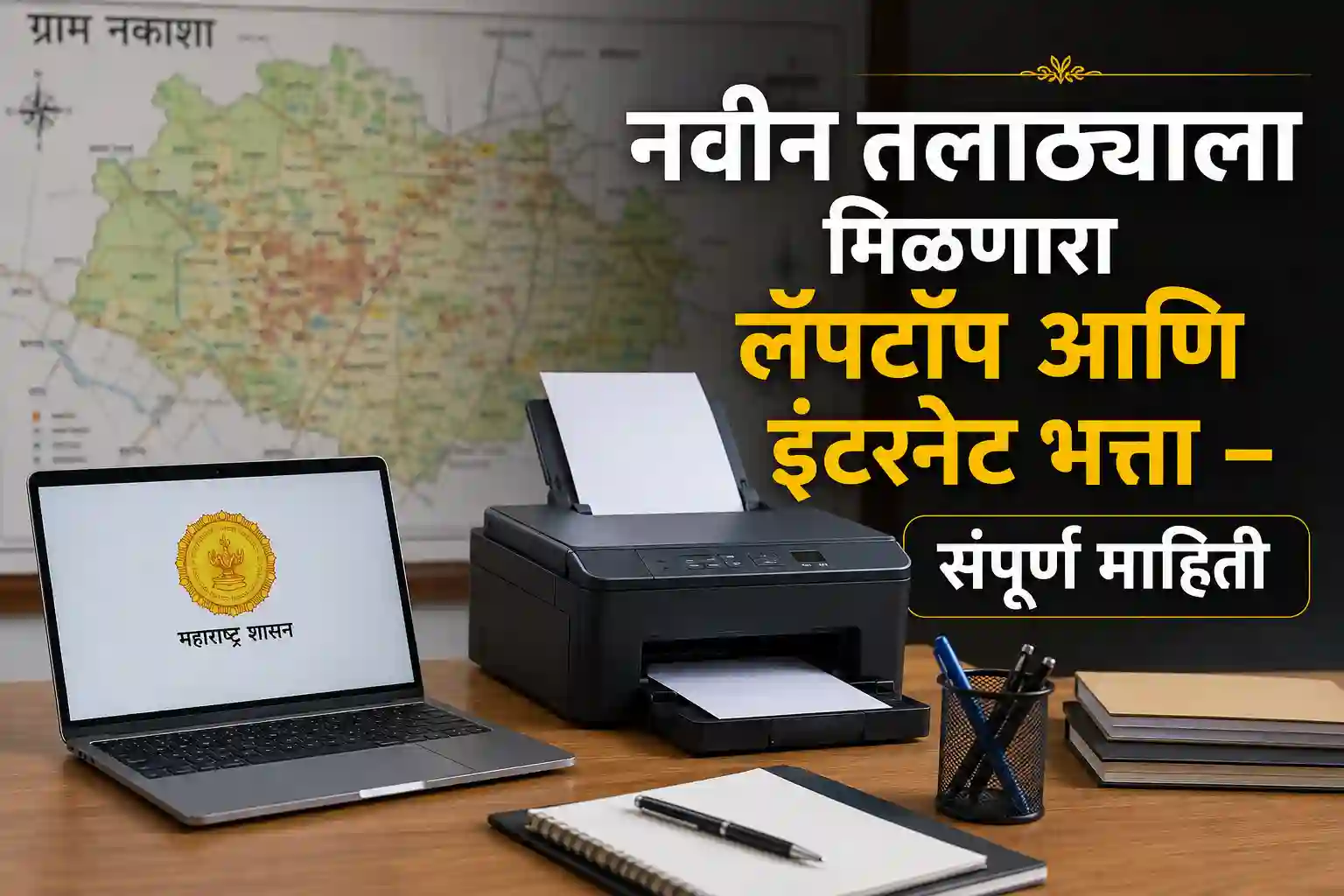 Laptop and printer on a desk representing Maharashtra Talathi government allowances and monthly internet benefits.