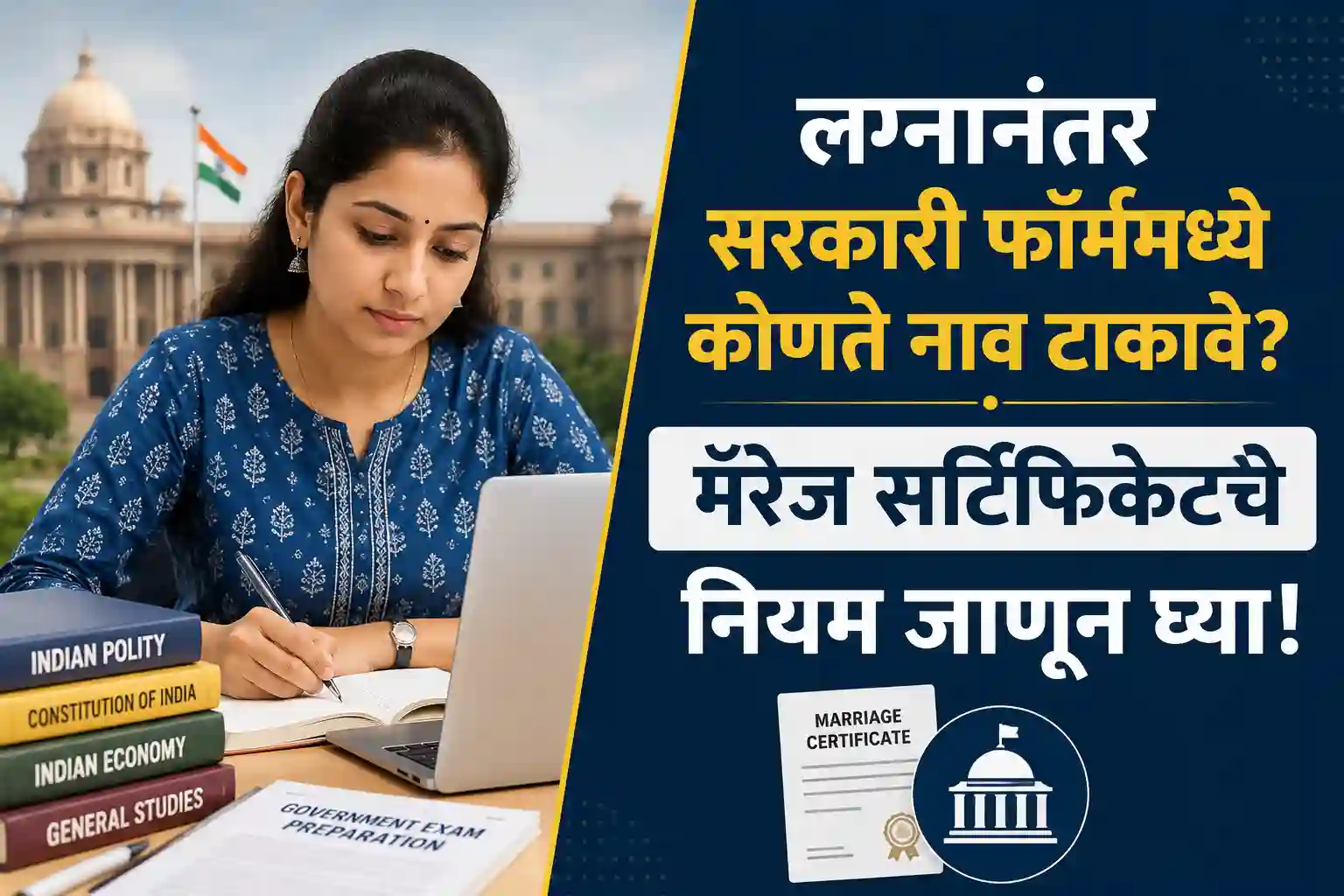 An Indian woman studying for government exams, showcasing rules for married women filling applications in Marathi.