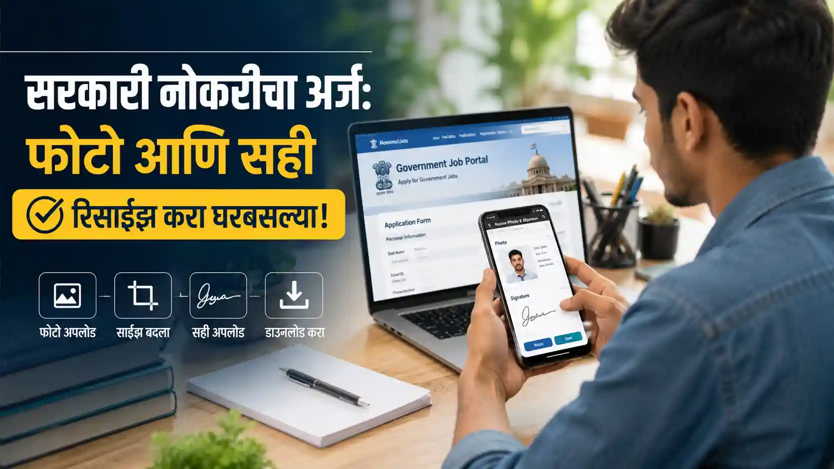 मोबाईलवरून सरकारी नोकरीच्या अर्जासाठी फोटो आणि सही कशी रिसाईझ करावी याचे मराठी मार्गदर्शक.