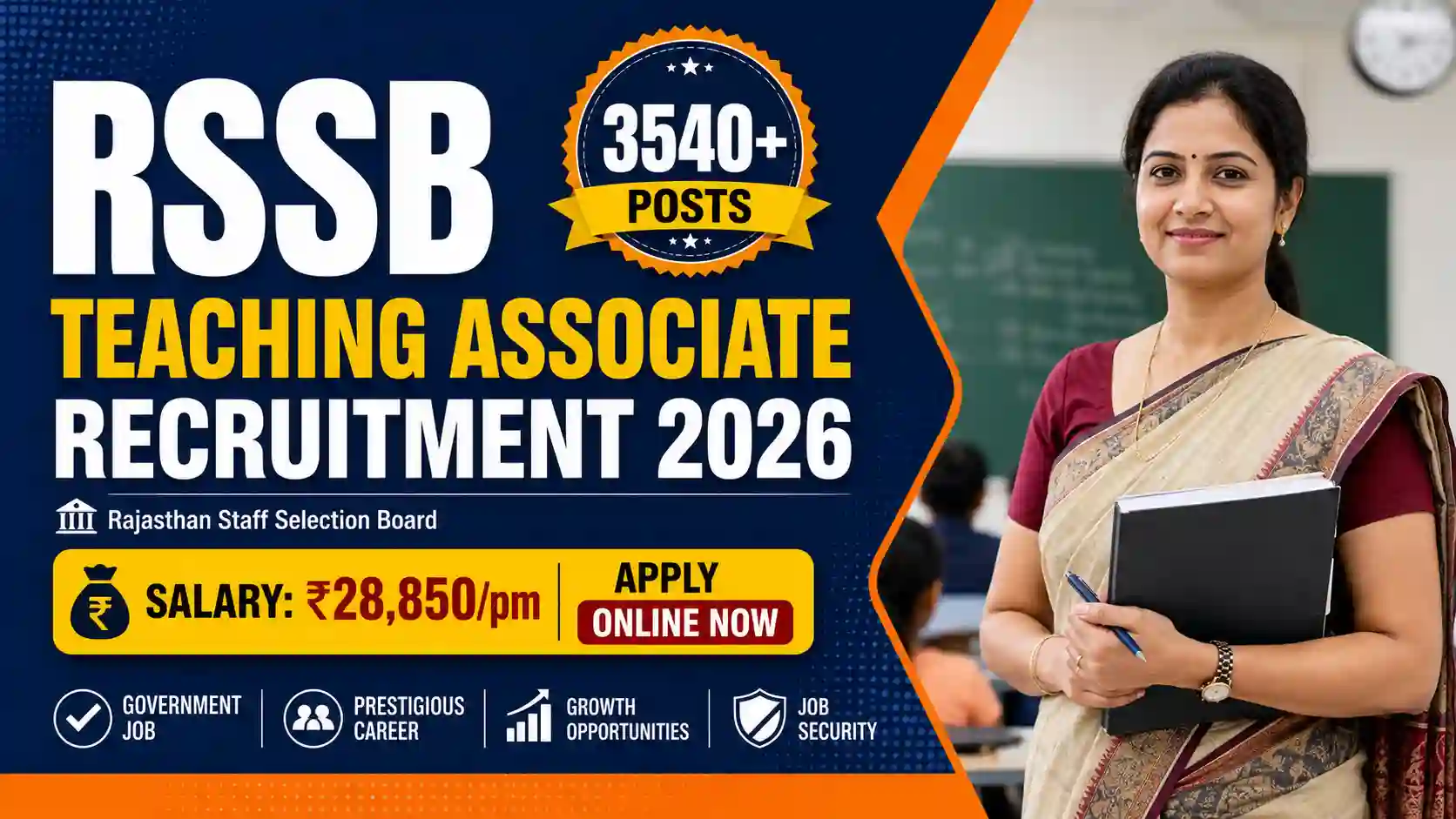 RSSB Rajasthan Teaching Associate Recruitment 2026 official notification banner for 3540 contractual posts.