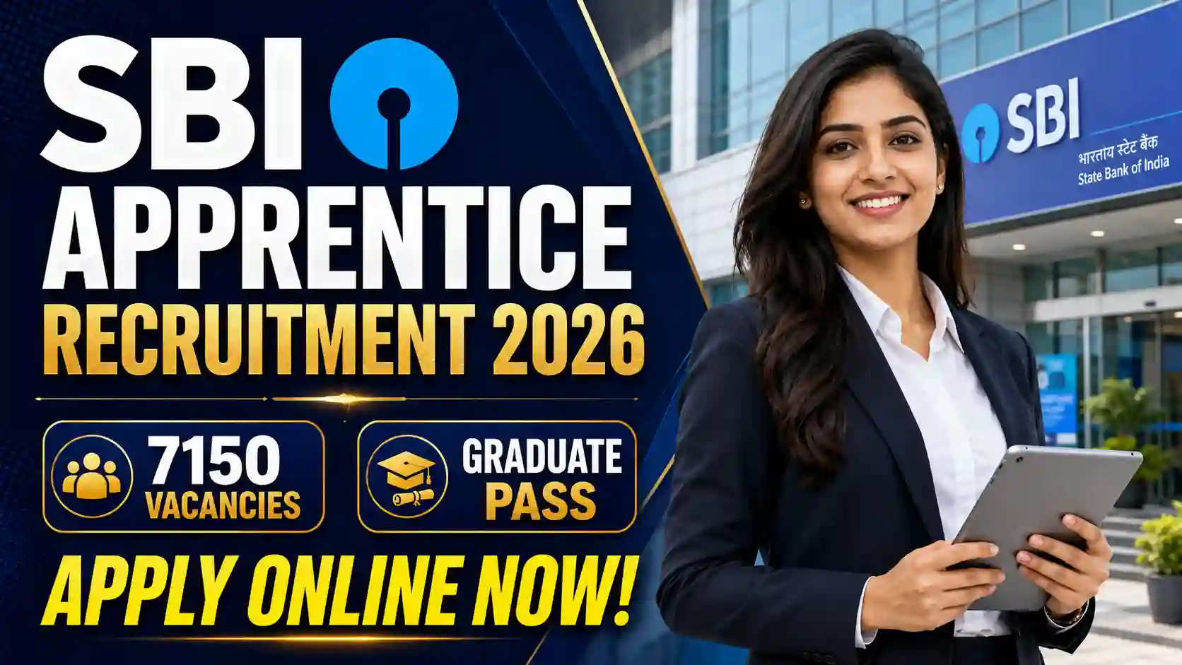 SBI Apprentice Recruitment 2026 official notification banner showing 7150 vacancies and apply online callout.