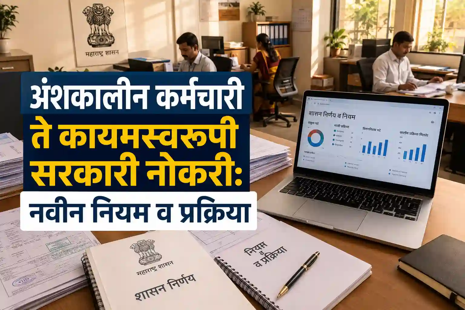 Portrait of government office setup explaining part-time to permanent employee reservation rules in Maharashtra.