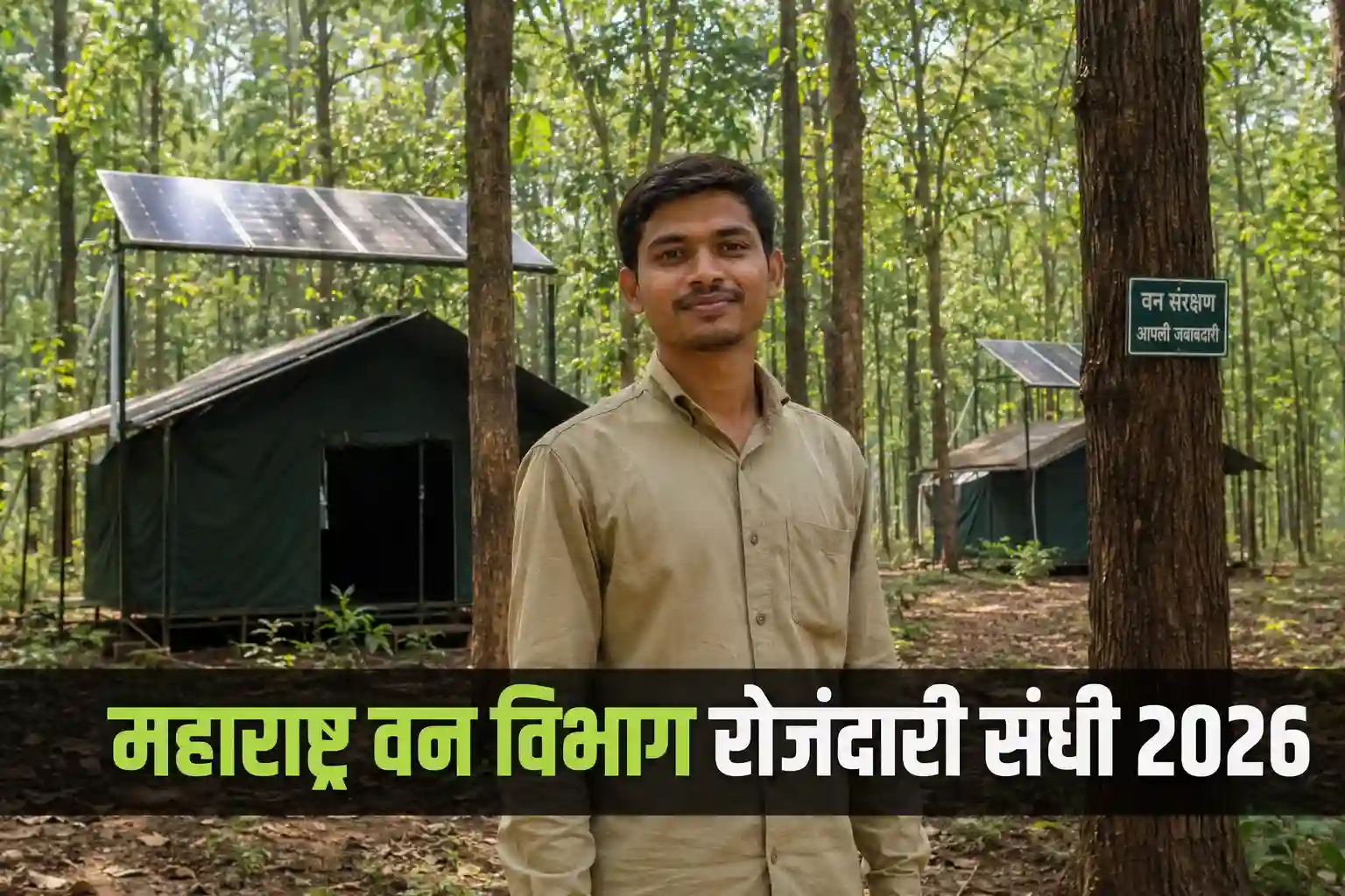 Young Maharashtrian man standing in a green forest, representing forest department daily wager jobs 2026 in Marathi.