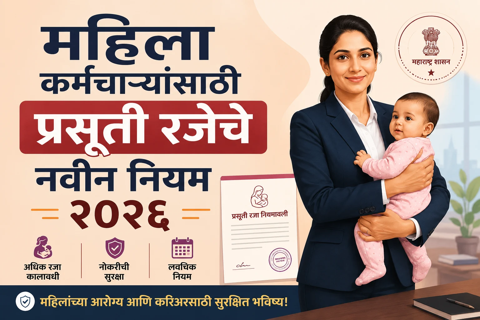 A professional vector illustration of a Maharashtrian working mother with text overlay about new 2026 maternity leave rules.