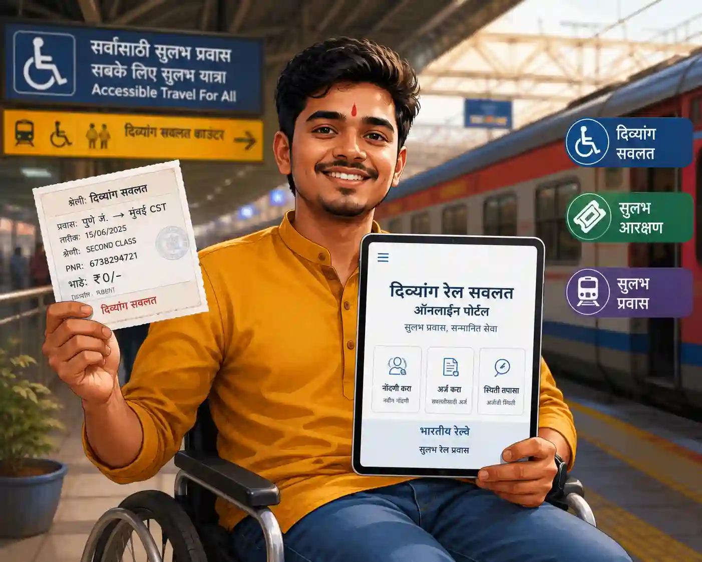 Divyang person holding railway concession details and digital train ticket for travel concession in India.