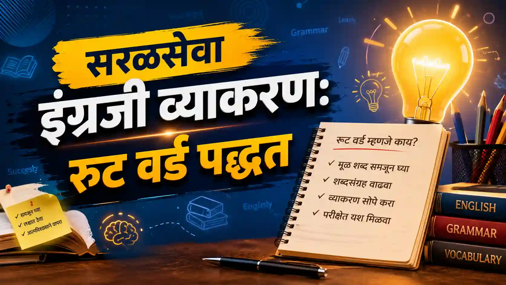 सरळसेवा इंग्रजी व्याकरणात सिनोनिम्स आणि अँटोनिम्स लक्षात ठेवण्याची रूट वर्ड पद्धत दर्शवणारे मार्गदर्शक चित्र.
