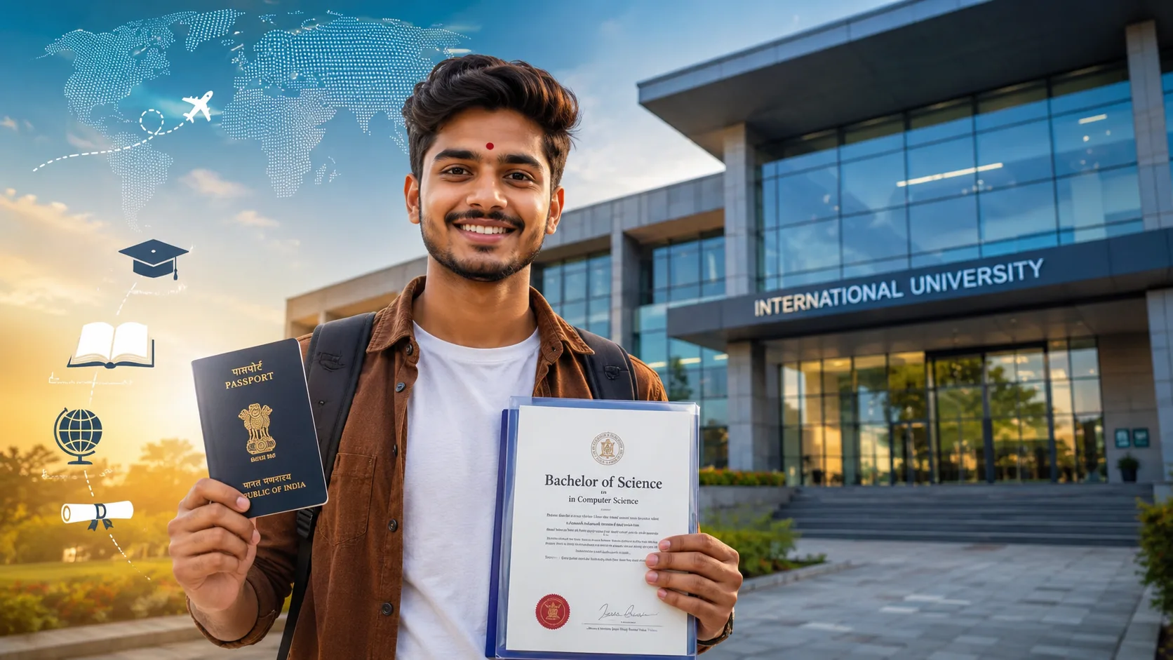 Maharashtrian student holding graduation documents and passport in front of an international university for foreign education scholarship.