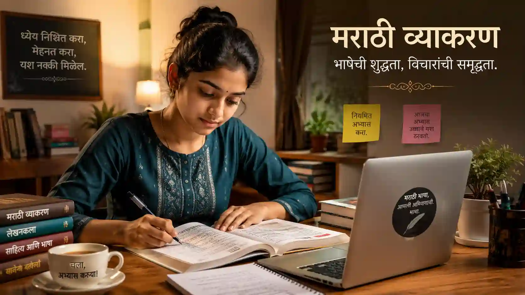 मो. रा. वाळंबे मराठी व्याकरण पुस्तक घेऊन अभ्यास करणारा विद्यार्थी.